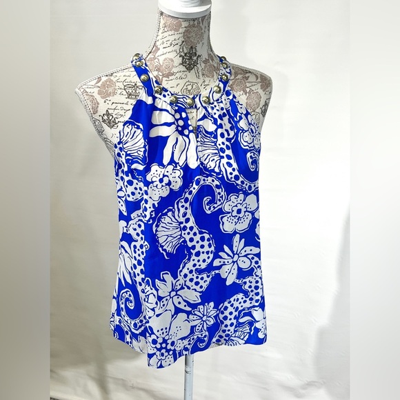LILLY PULITZER‎ Royal blue Rogan 100% Silk Seahorse print studded top size S. - Picture 7 of 11